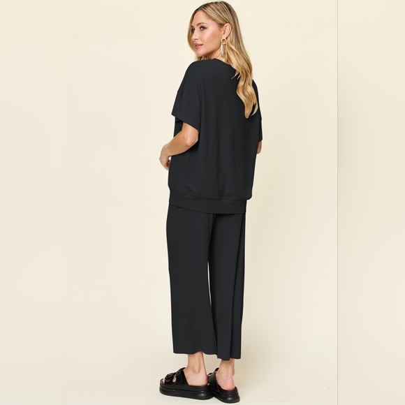 Double Take Full Size Texture Round Neck Short Sleeve T-Shirt and Wide Leg Pants - Picture 2 of 6